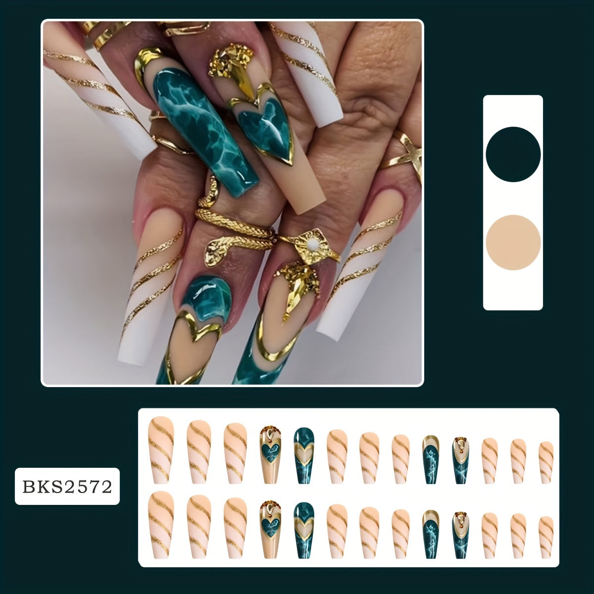 Queen Style, Long Ballet Marble Ombre Press-On Nails with Golden Foil Accents for s - 24pcs, Includes 1 Jelly Glue & 1 Nail File, Perfect Fit and Durable